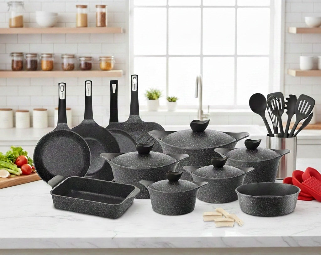 طقم طقم حلل جرانيت نيوفلام، 26 قطع -جراي