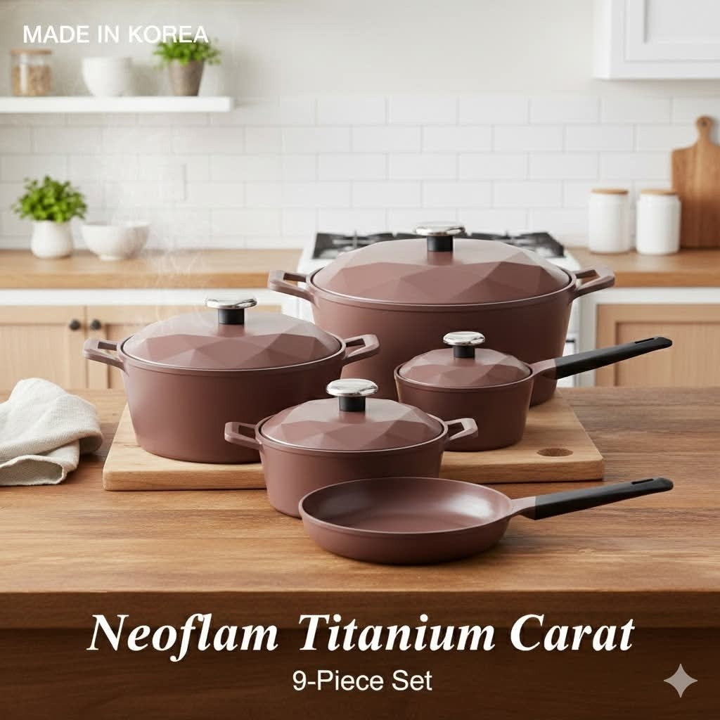 طقم حلل نيوفلام تيتانيوم 8 قطع كوري أصلي - صلابة فائقة | Neoflam Titanium