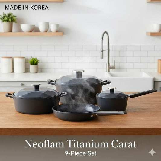 طقم حلل نيوفلام تيتانيوم 8 قطع كوري أصلي - صلابة فائقة | Neoflam Titanium